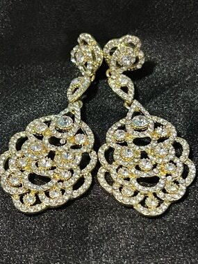 Gold Rhinestone Pageant Earrings Crystal Chandelier Statement 3.25”
